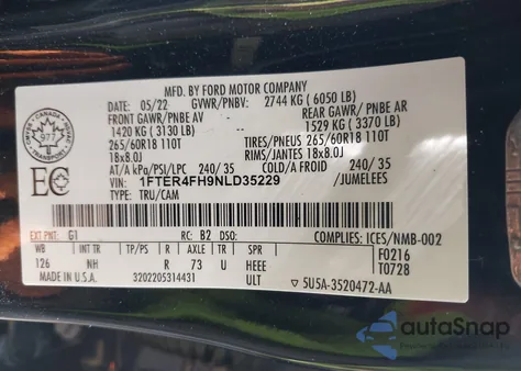 2022 Ford Ranger Lariat z USA, uszkodzony, nr VIN 1FTER4FH9NLD35229